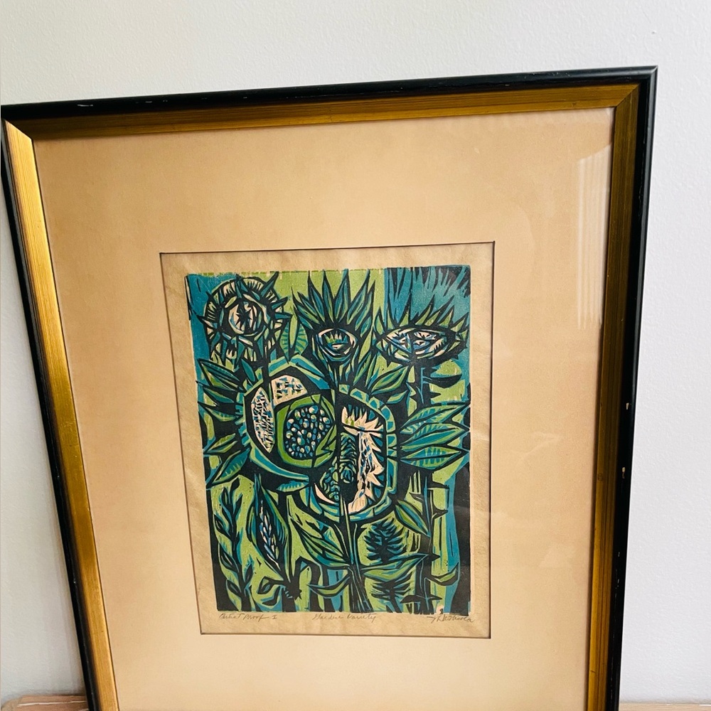 Mid 20 century-modernist-hand pulled linocut or wood cut multicolor relief print